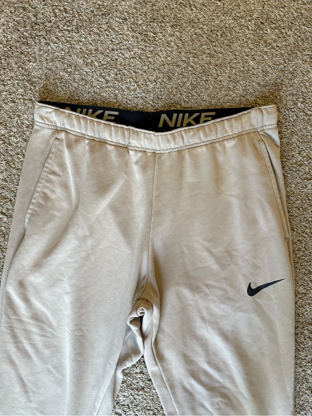 Nike Men's Tan Jogger Sweatpants with Black Swoosh